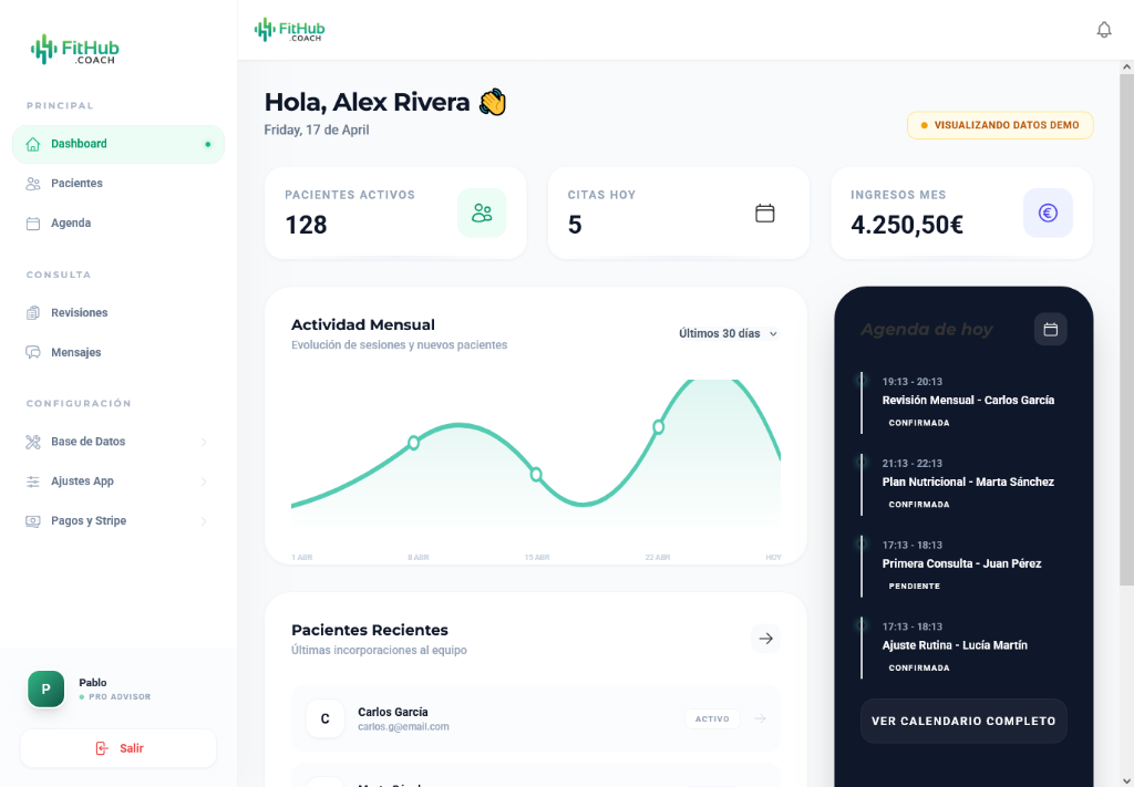 Panel de control de FitHub Coach mostrando gestión de planes nutricionales, rutinas de entrenamiento y perfil de asesorado